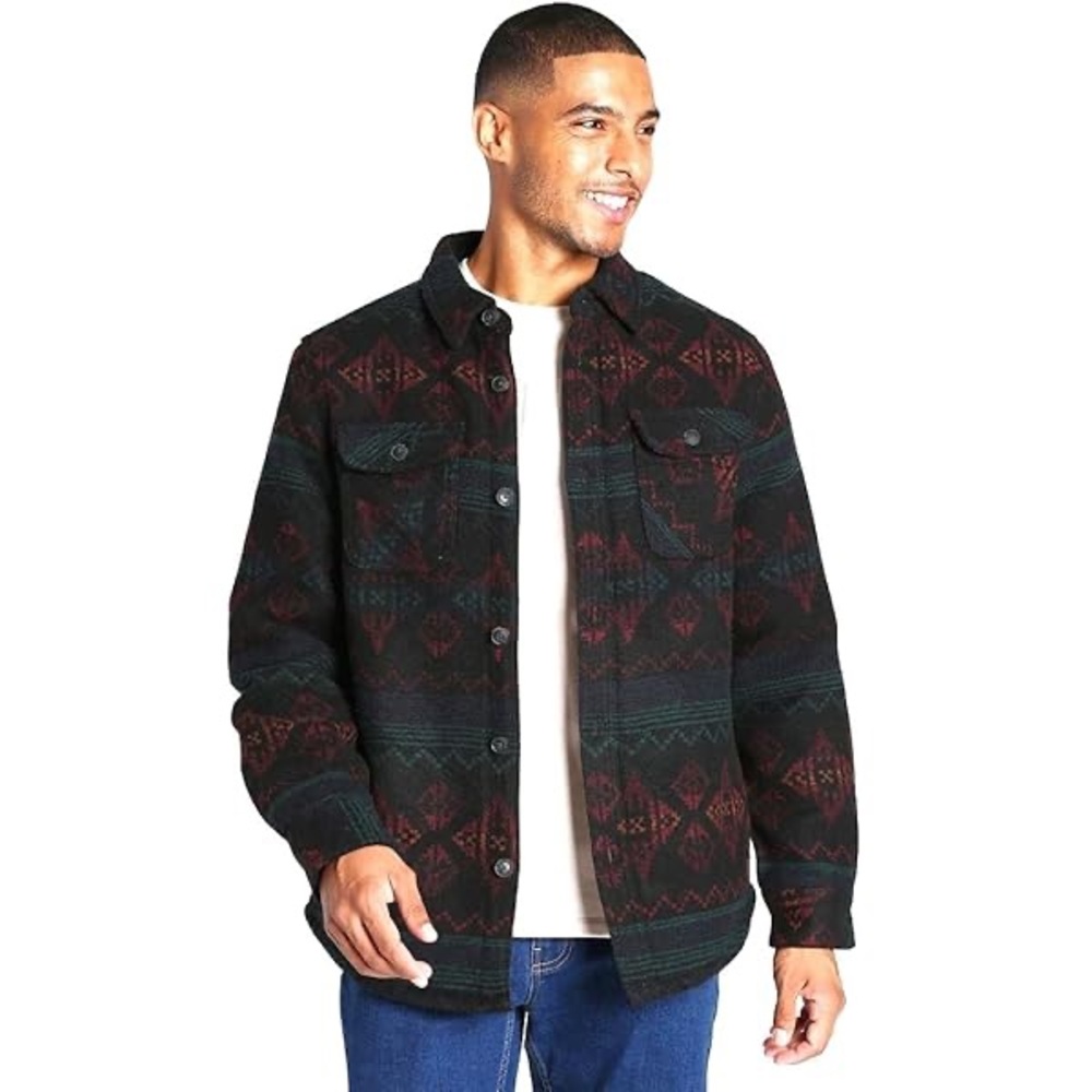 Rugged Casual Wool Sherpa Lined Jacket 5 Pockets Black Muted Aztec Design